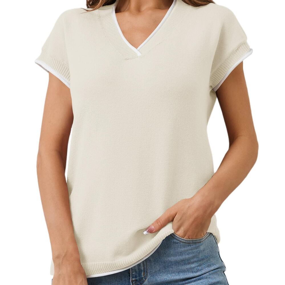 New Medium Short Sleeve V Neck Casual Pullover Sweater in Apricot